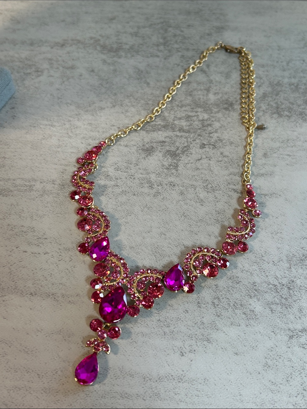 Gold-Tone Pink Statement Necklace - Elegant Floral Crystal Bib